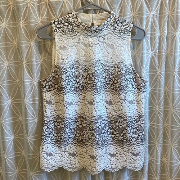 White House Black Market Tops - Sleeveless Lace Overlay High-Neck Top - White & Brown